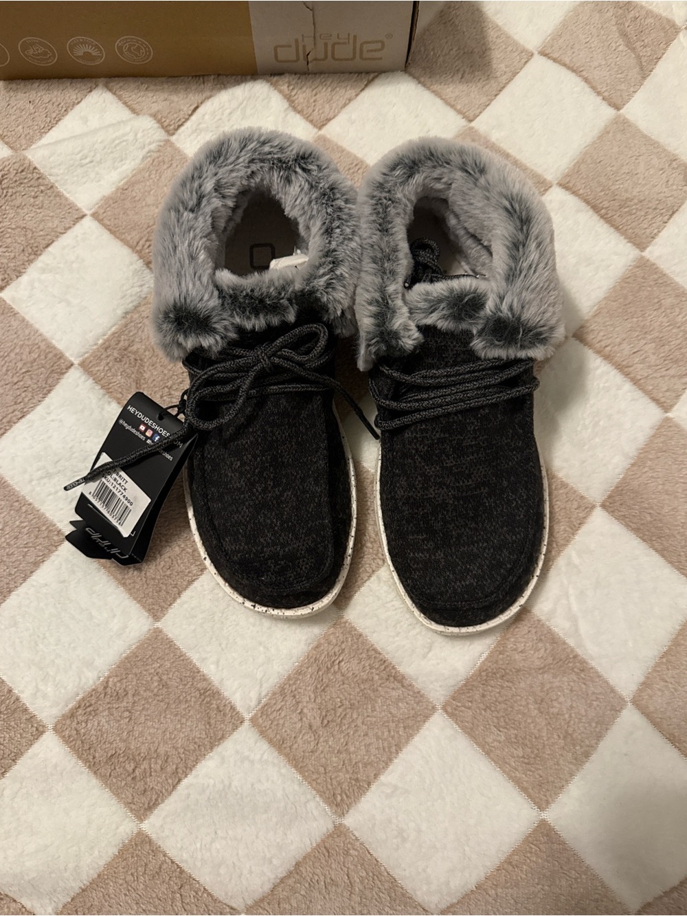 Hey Dude Charcoal Knit Slip-On Boot with Gray Faux-Fur Cuff - Picture 2 of 3